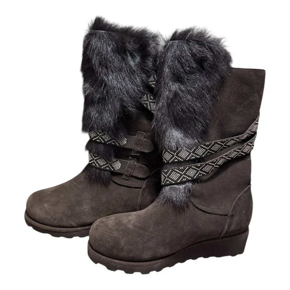 Bearpaw Brown Faux Fur Suede Winter Boots Beaded Wrap NEW Cold Weather size 5